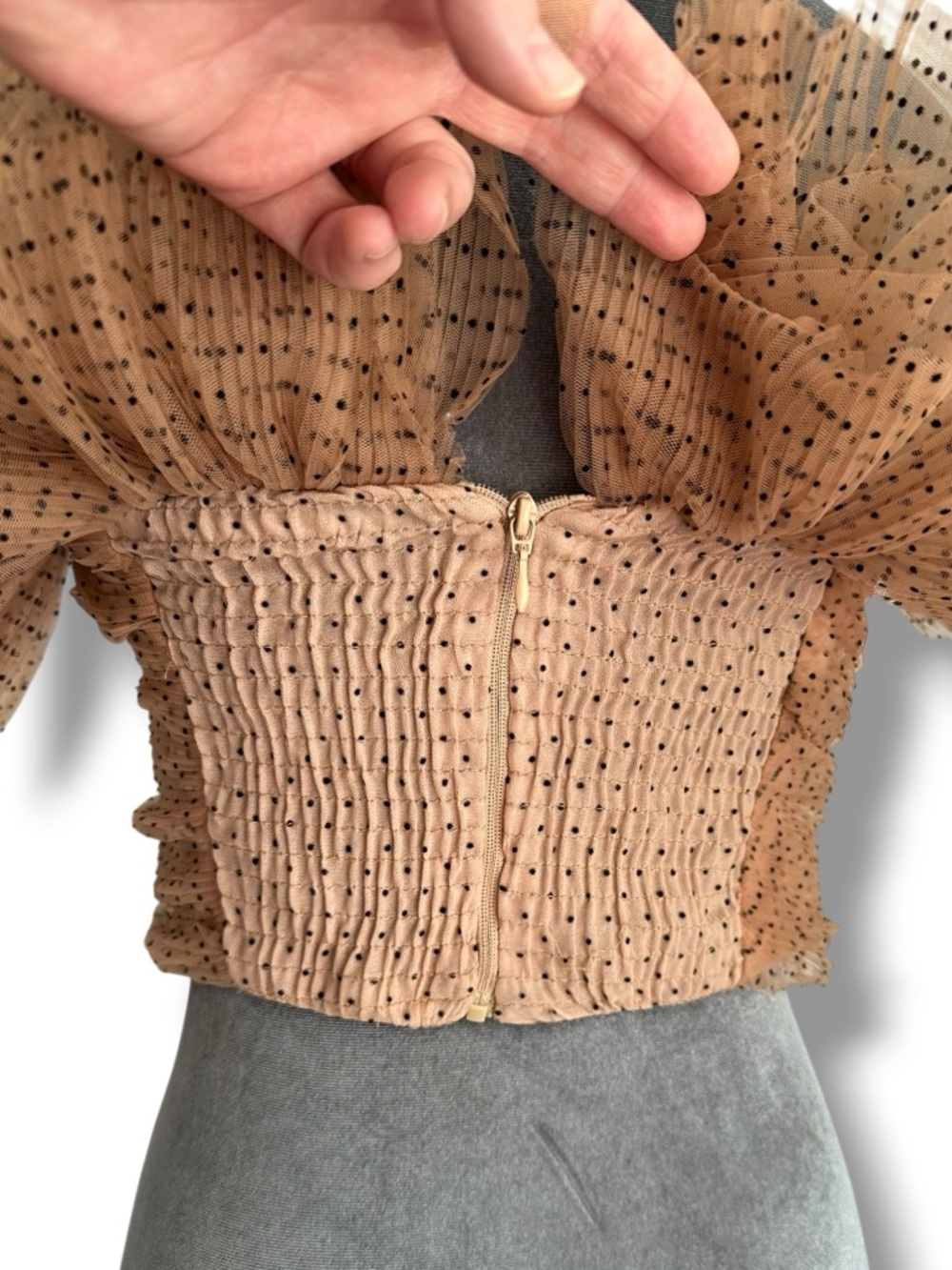 Zara Nude Mesh Tulle Black Polka Dot Ruffle Crop Tube Top Small Limited Edition - Picture 14 of 15